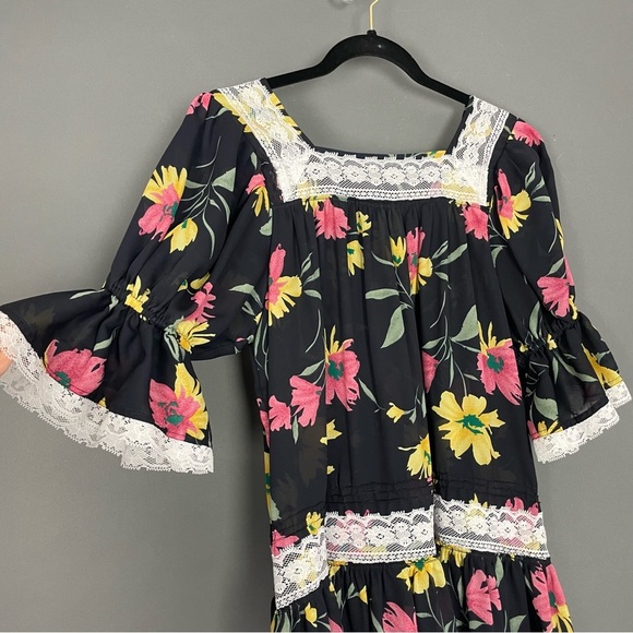 Handmade Muumuu Dress Sheer Black Floral Puffed Sleeve‎ Dropped Waist Lace Midi - Picture 4 of 10